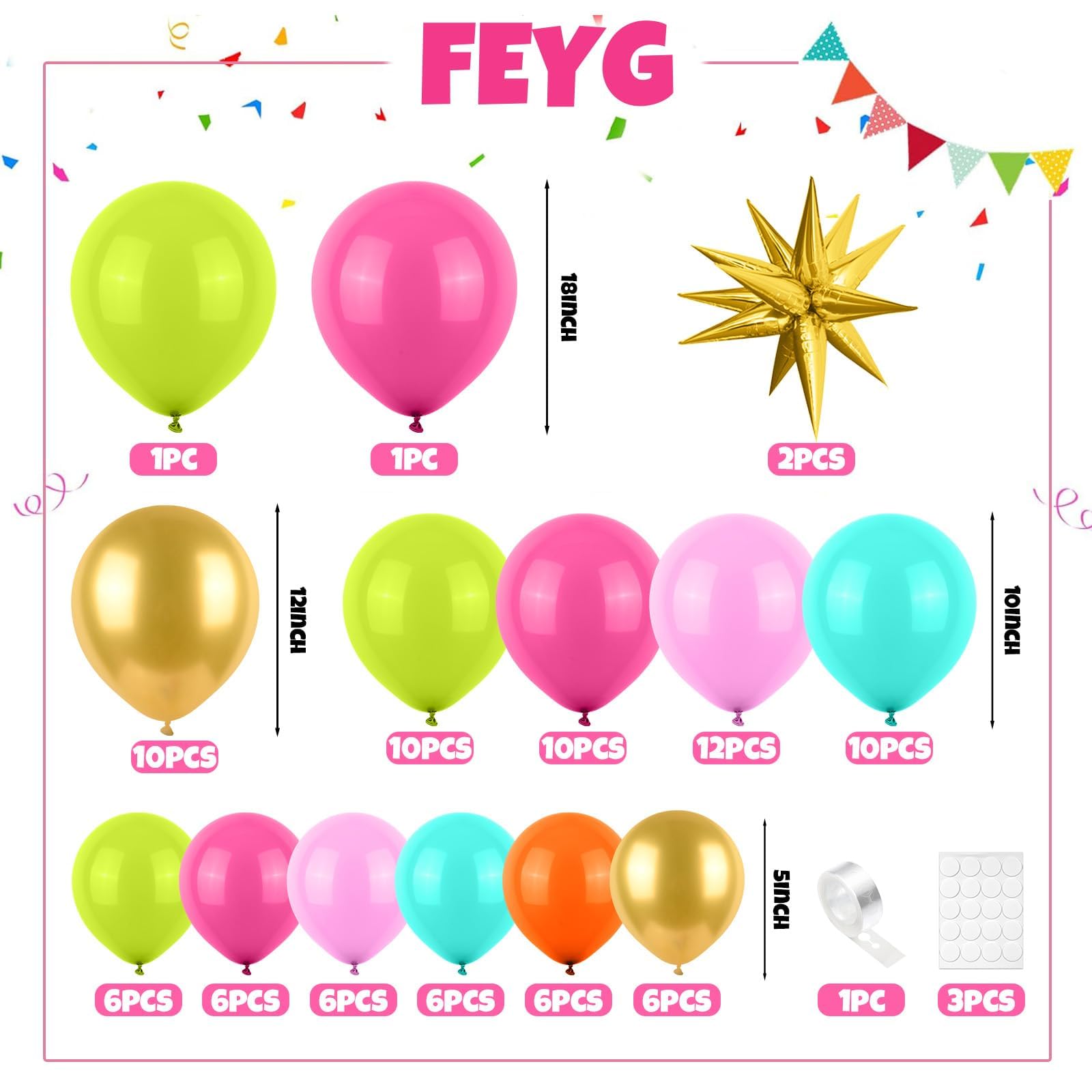 FEYG Rainbow Neno Balloon Arch right view showcases glossy latex balloons for Hawaiian luau setups