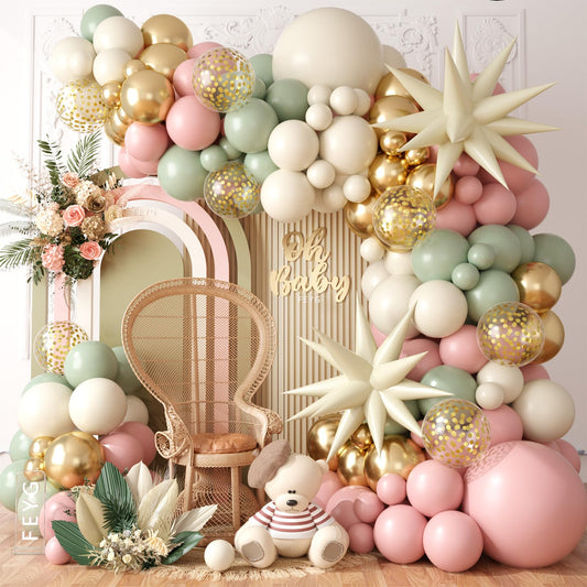 FEYG sage green pink balloon arch elevates safari themed decor