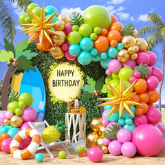 FEYG Summer Tropical Balloon Arch Kit left view with vibrant balloons for a tropical party look