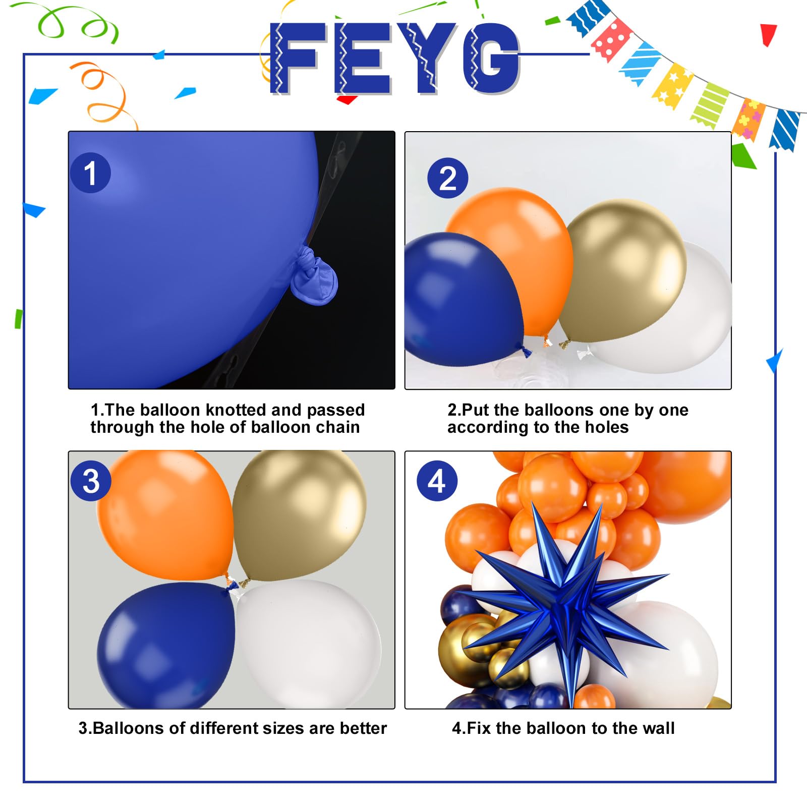 FEYG Thanksgiving balloon display uses blue, gold, and orange tones.