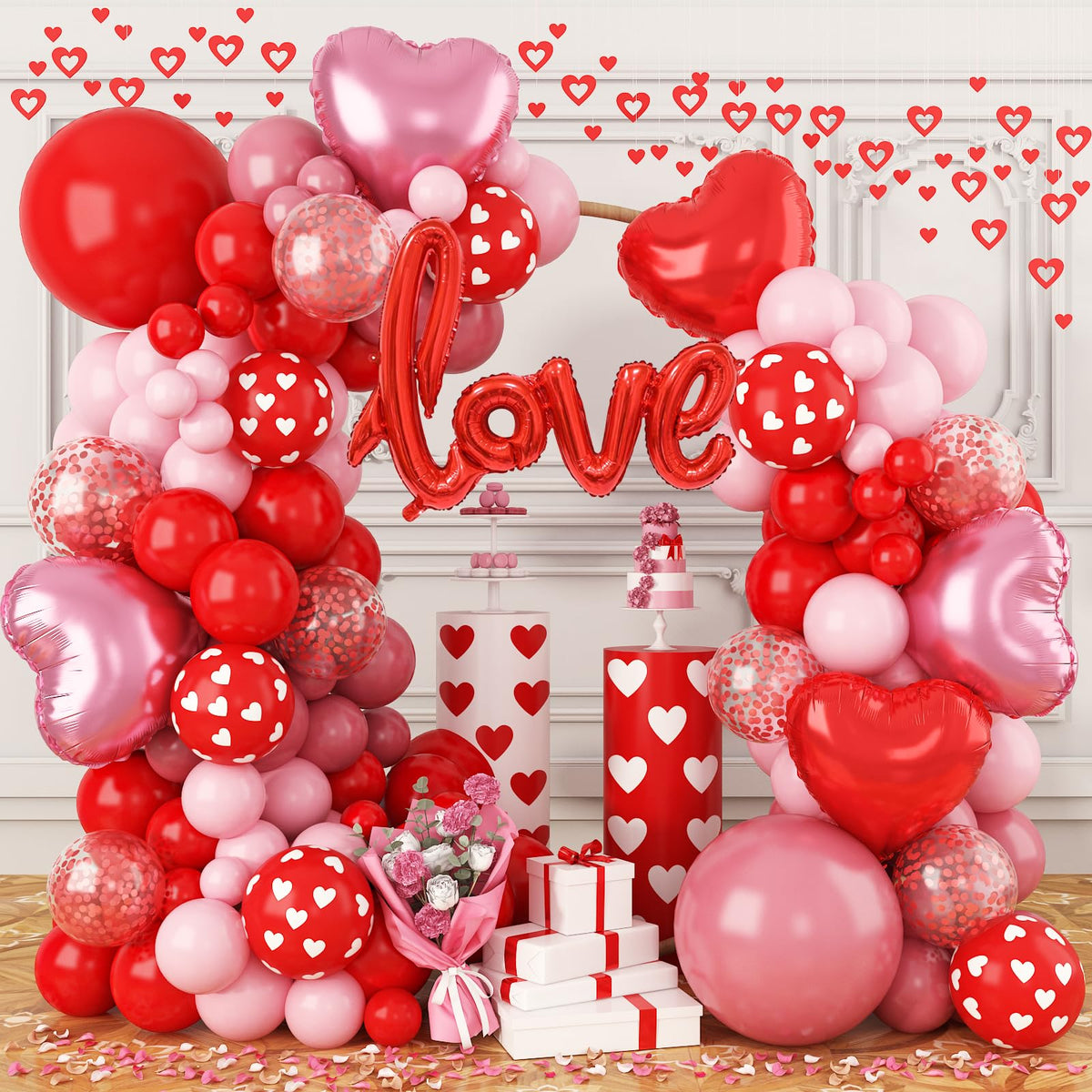 FEYG valentines balloon arch kit setup with rose red accents for romance.