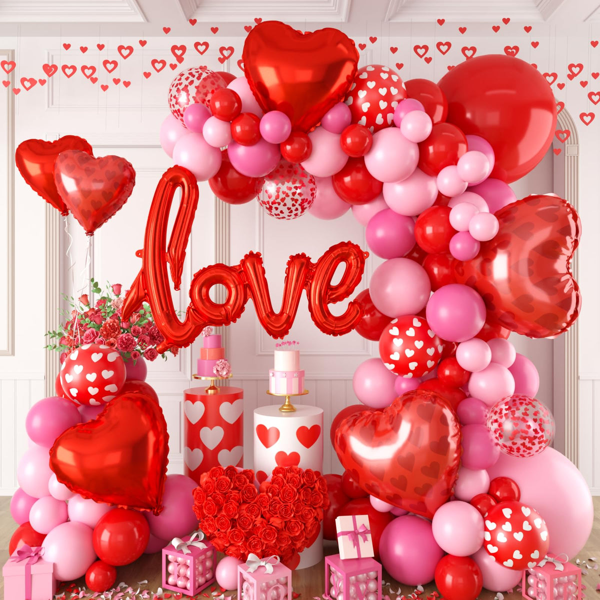 FEYG valentines balloon arch kit for romantic setup with hot pink and red tones.