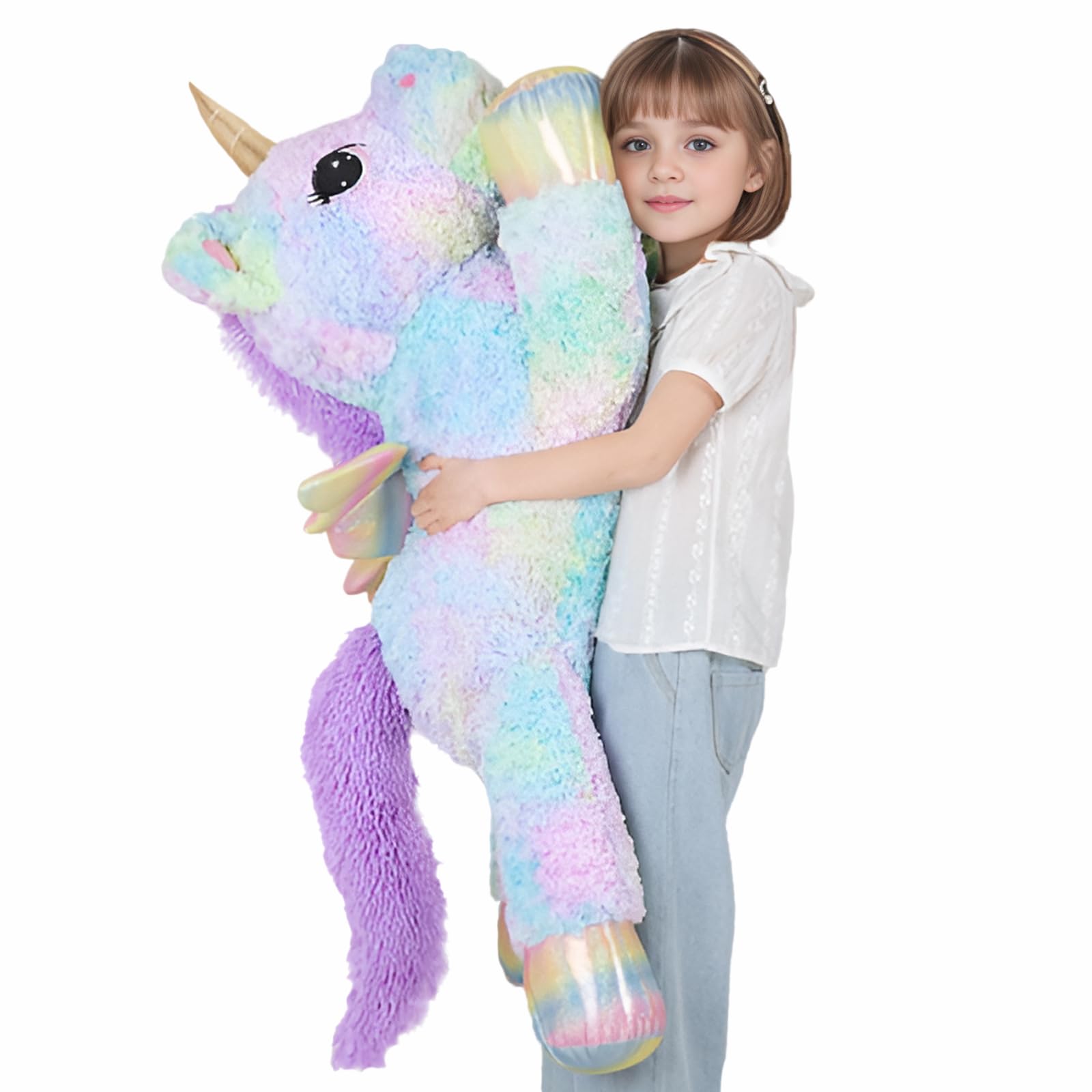 FFxiong giant unicorn plush with pastel fur for soft sensory play