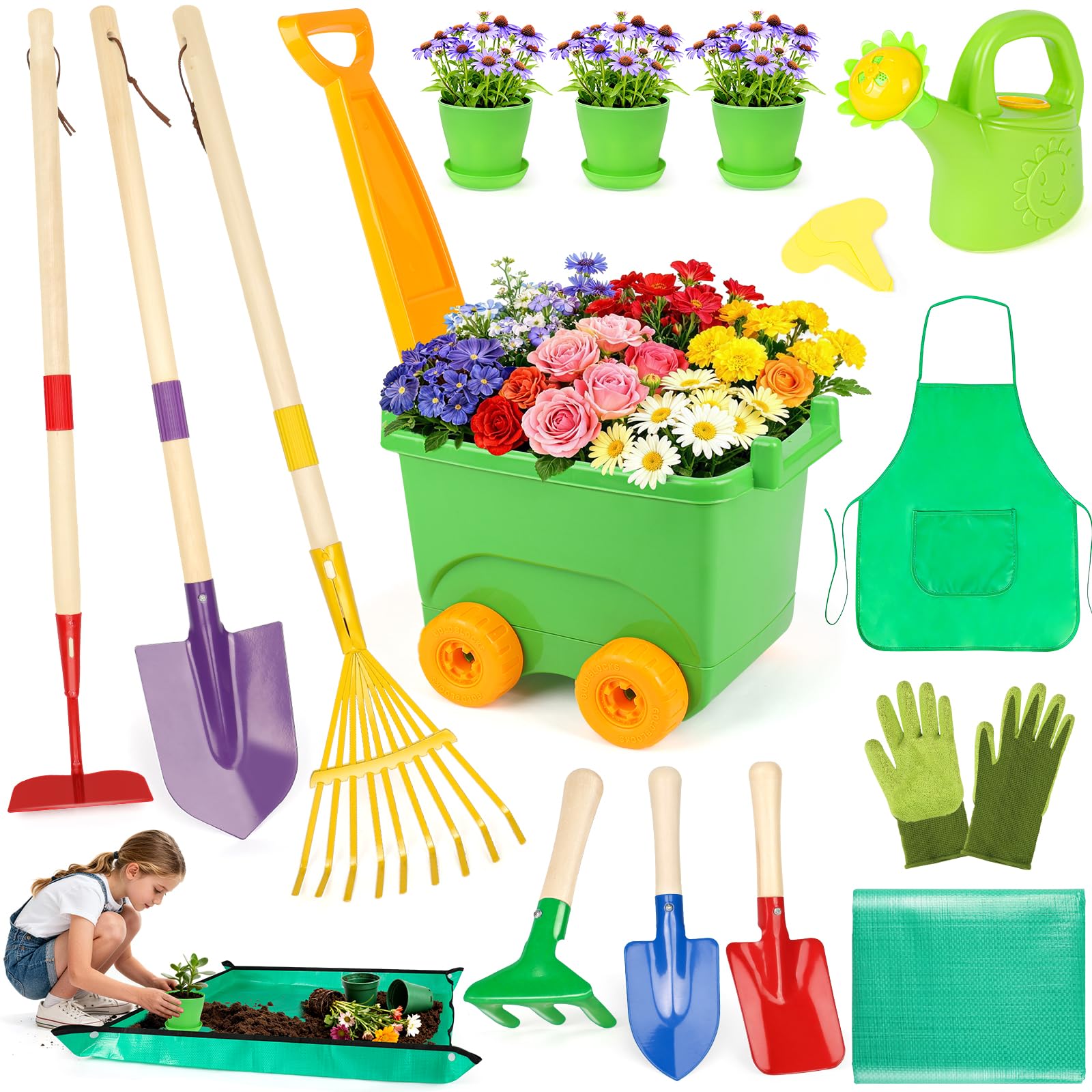 FHOZGECY kids wheelbarrow features a sturdy 4-wheel design for stable garden transport.