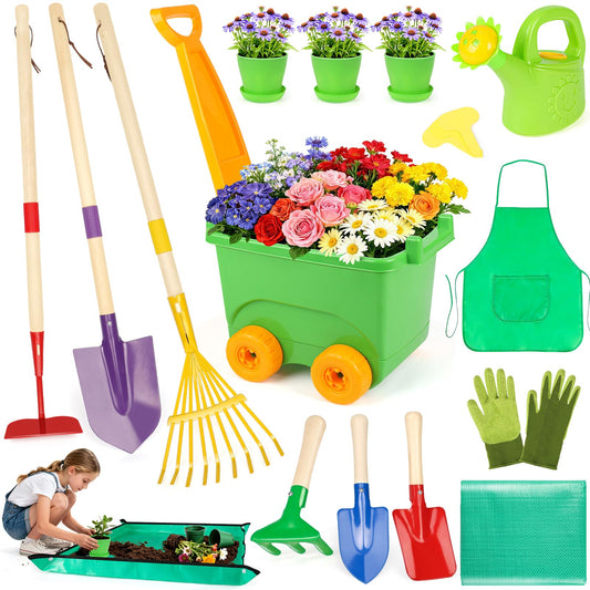 FHOZGECY kids wheelbarrow features a sturdy 4-wheel design for stable garden transport.