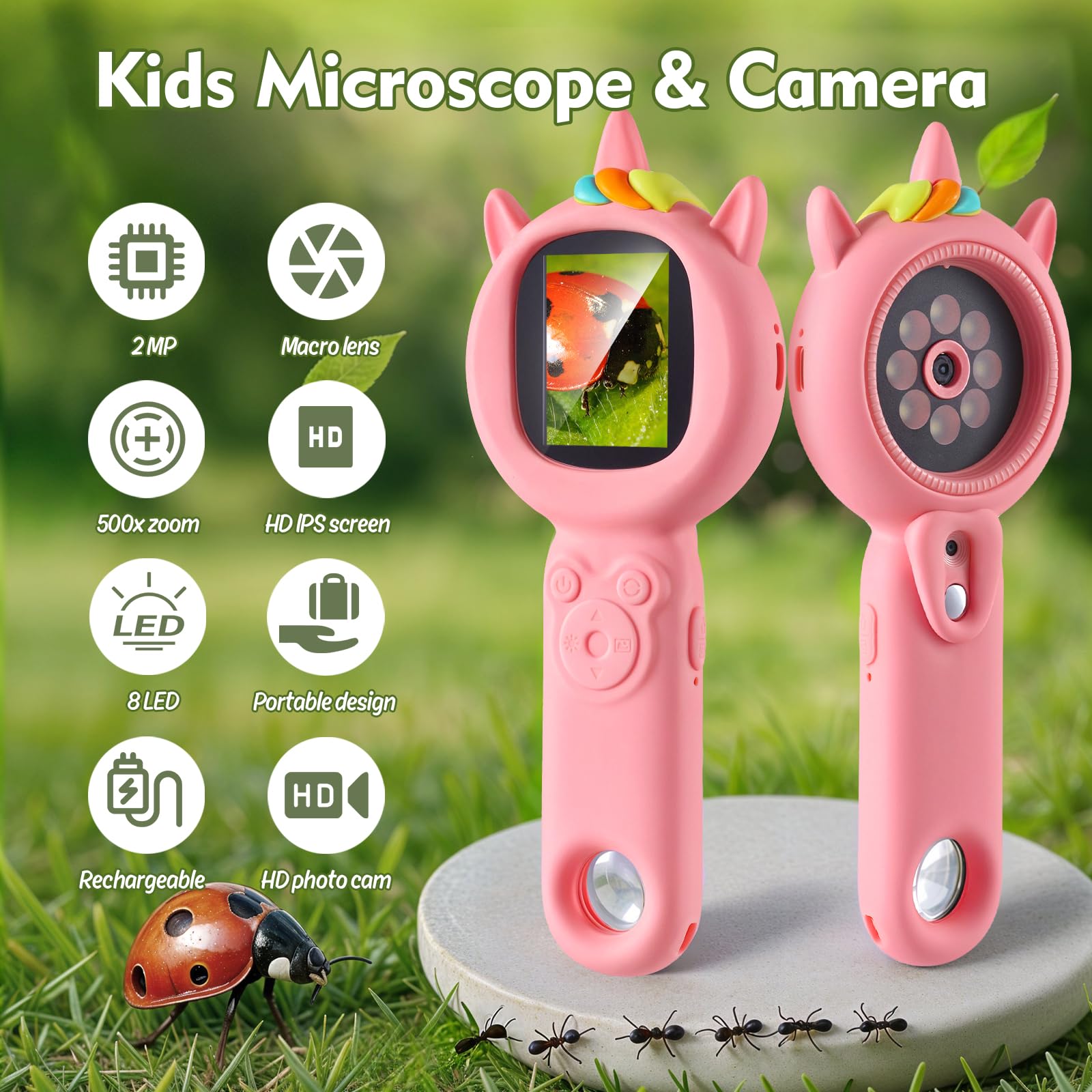 FHskFH Kids Microscope shows 500x magnification for tiny detail discovery.