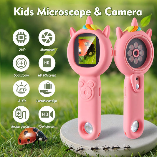 FHskFH Kids Microscope shows 500x magnification for tiny detail discovery.
