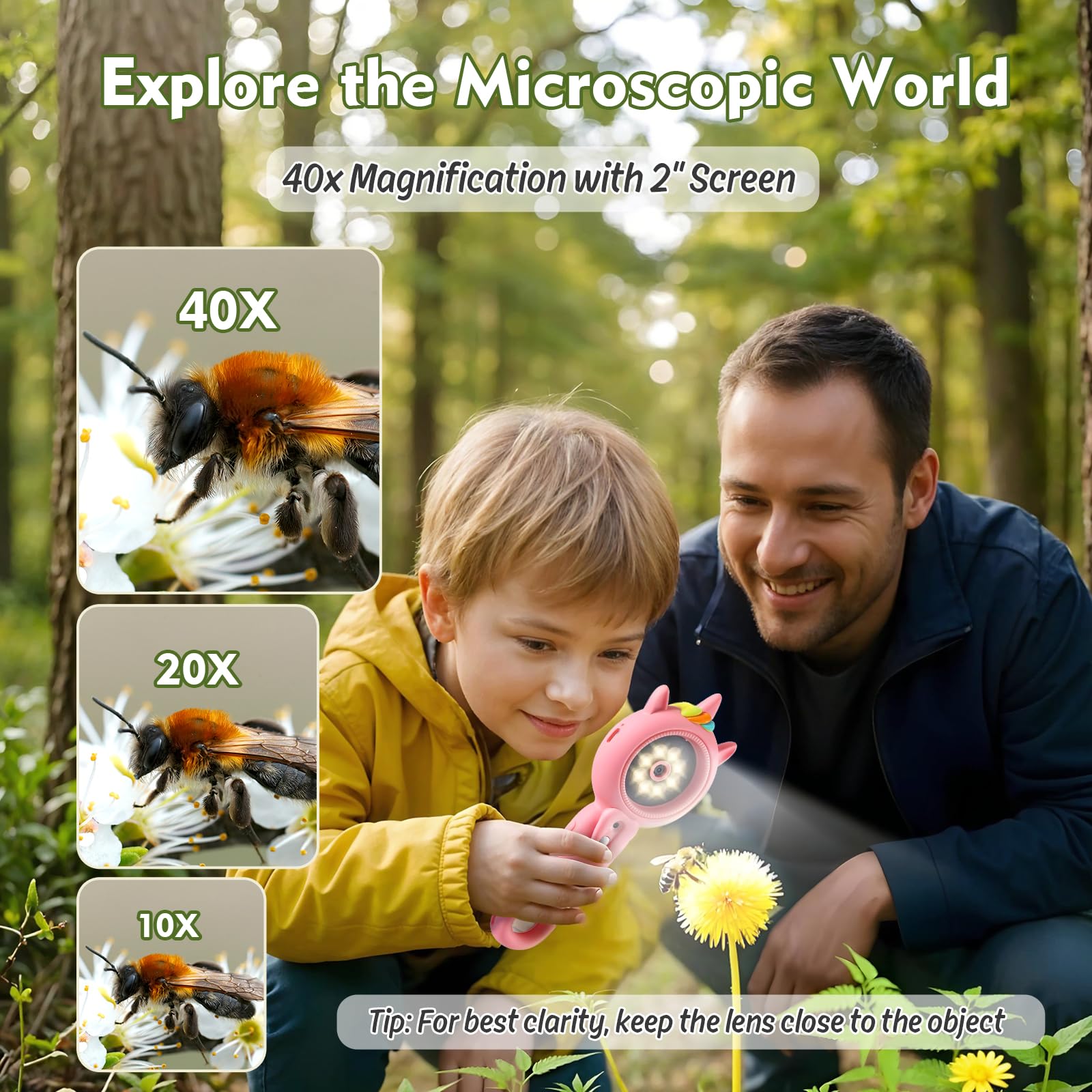FHskFH Kids Microscope 16x zoom knob supports close-up investigation.