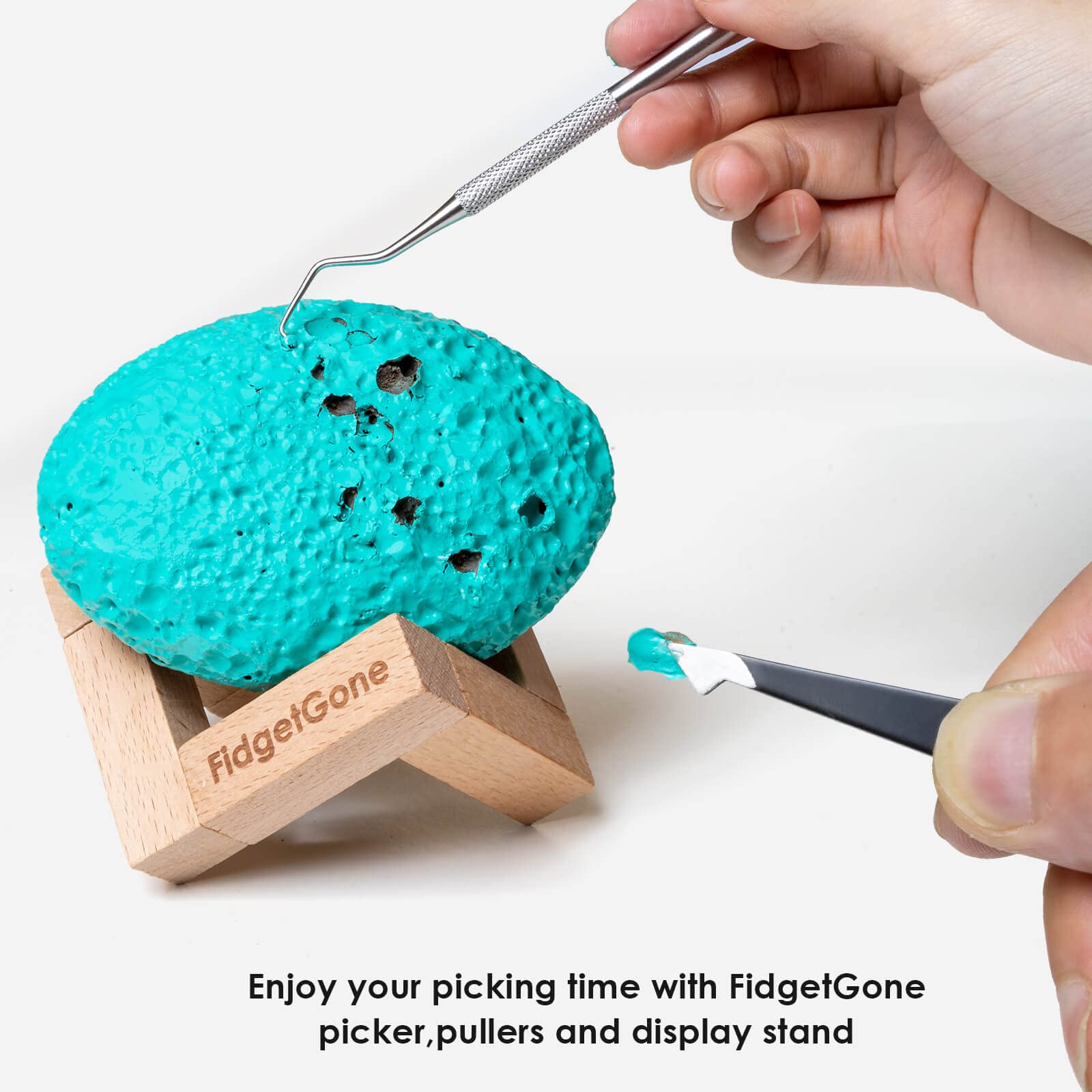 FidgetGone Pick Stone display stand setup showcases organized relaxation kit