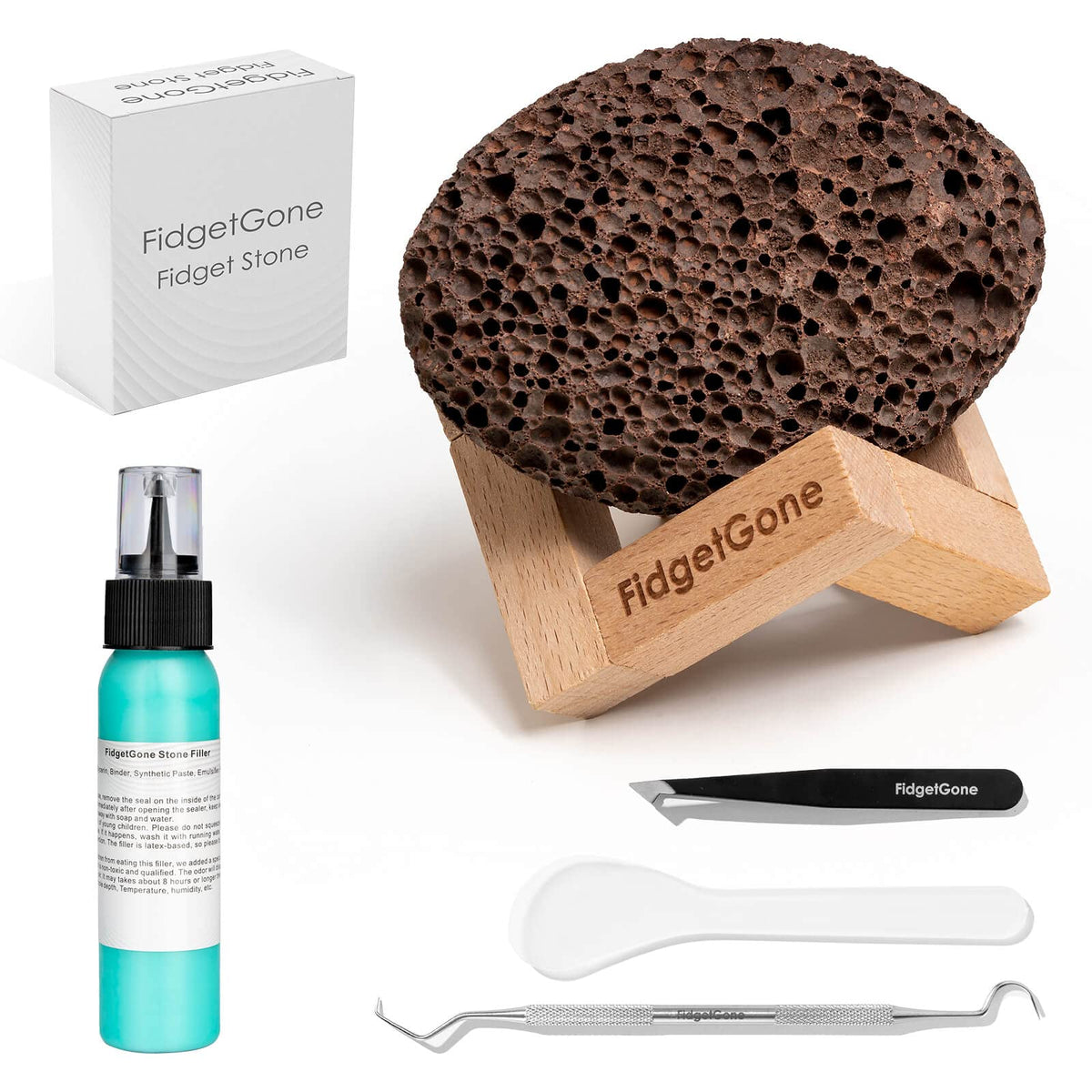 FidgetGone Pick Stone Kit on display stand for discreet calming fidgeting.