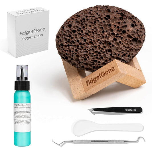 FidgetGone Pick Stone Kit on display stand for discreet calming fidgeting.