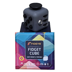 FIDGYB Cube with six sensory actions for stress relief and focus on the go.
