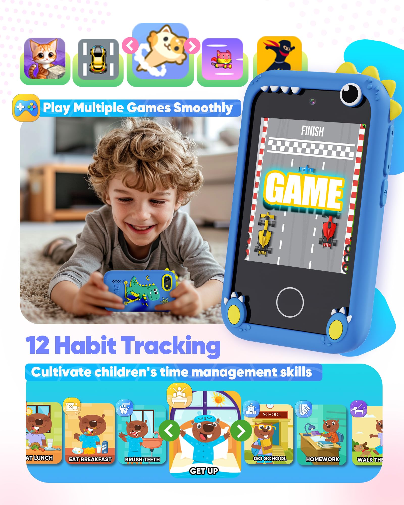 Fiechcco dinosaur toy dual camera selfie feature for fun photos