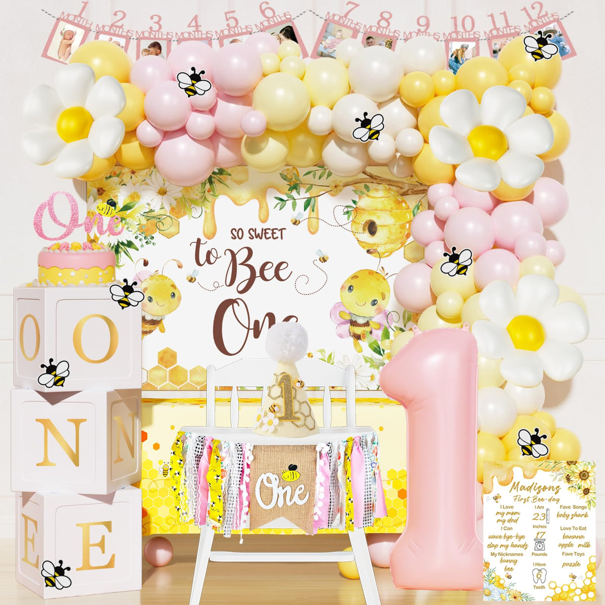 Fiesec First Bee Day Backdrop enhances a warm first-birthday scene.