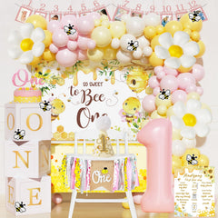 Fiesec First Bee Day Backdrop enhances a warm first-birthday scene.