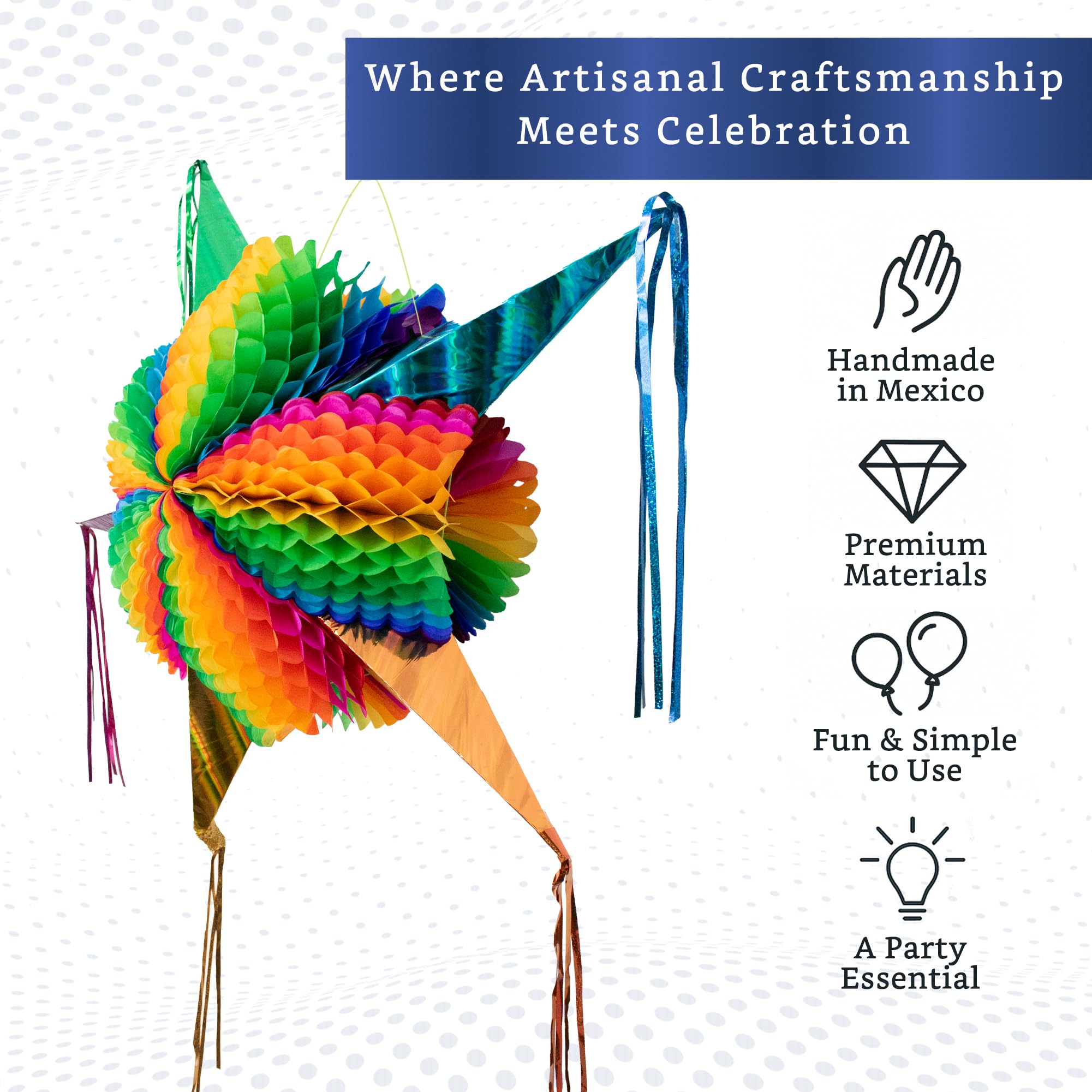Fiesta Wraps handmade cone pinata closeup highlights traditional craftsmanship and unique character.