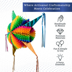 Fiesta Wraps handmade cone pinata closeup highlights traditional craftsmanship and unique character.