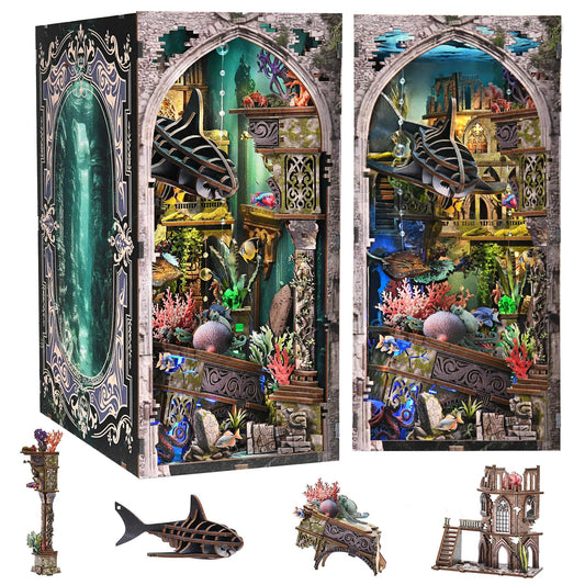 Fifijoy Book Nook Atlantis scene enhances bookshelf decor with underwater details.