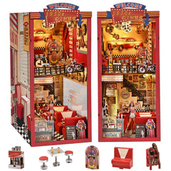 Fifijoy Book Nook Kit with 1950s diner jukebox detail enhances shelf decor.