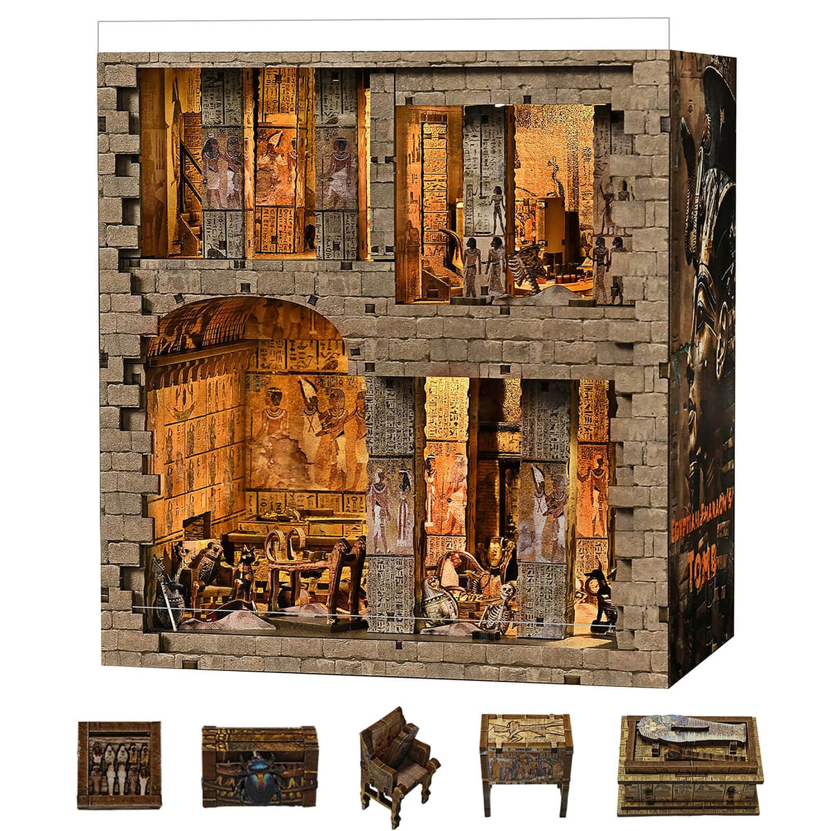 Fifijoy Book Nook Pharaoh coffin gleams as a regal shelf decor centerpiece.