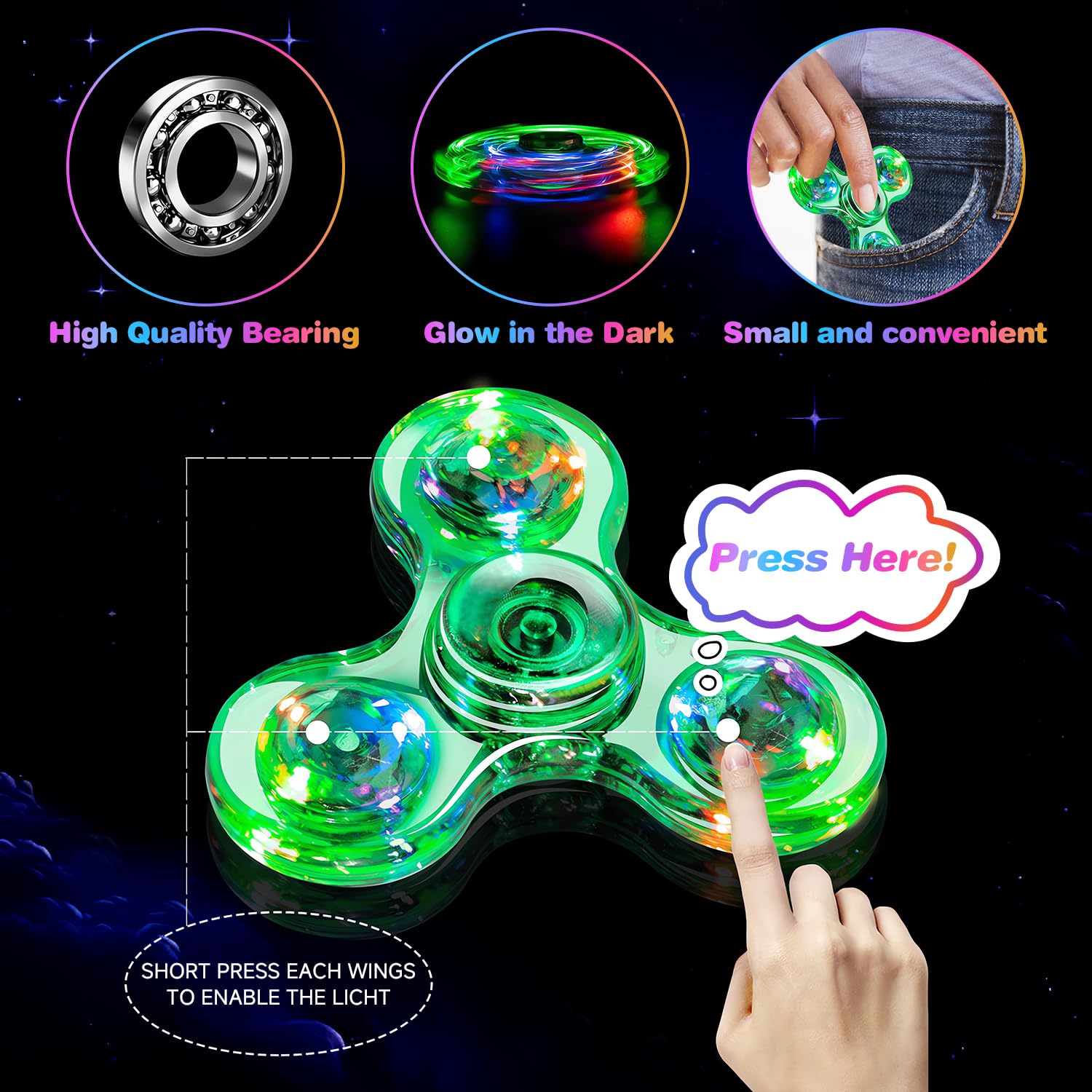 FIGROL glow-in-the-dark spinner shines brightly for late-night fun.