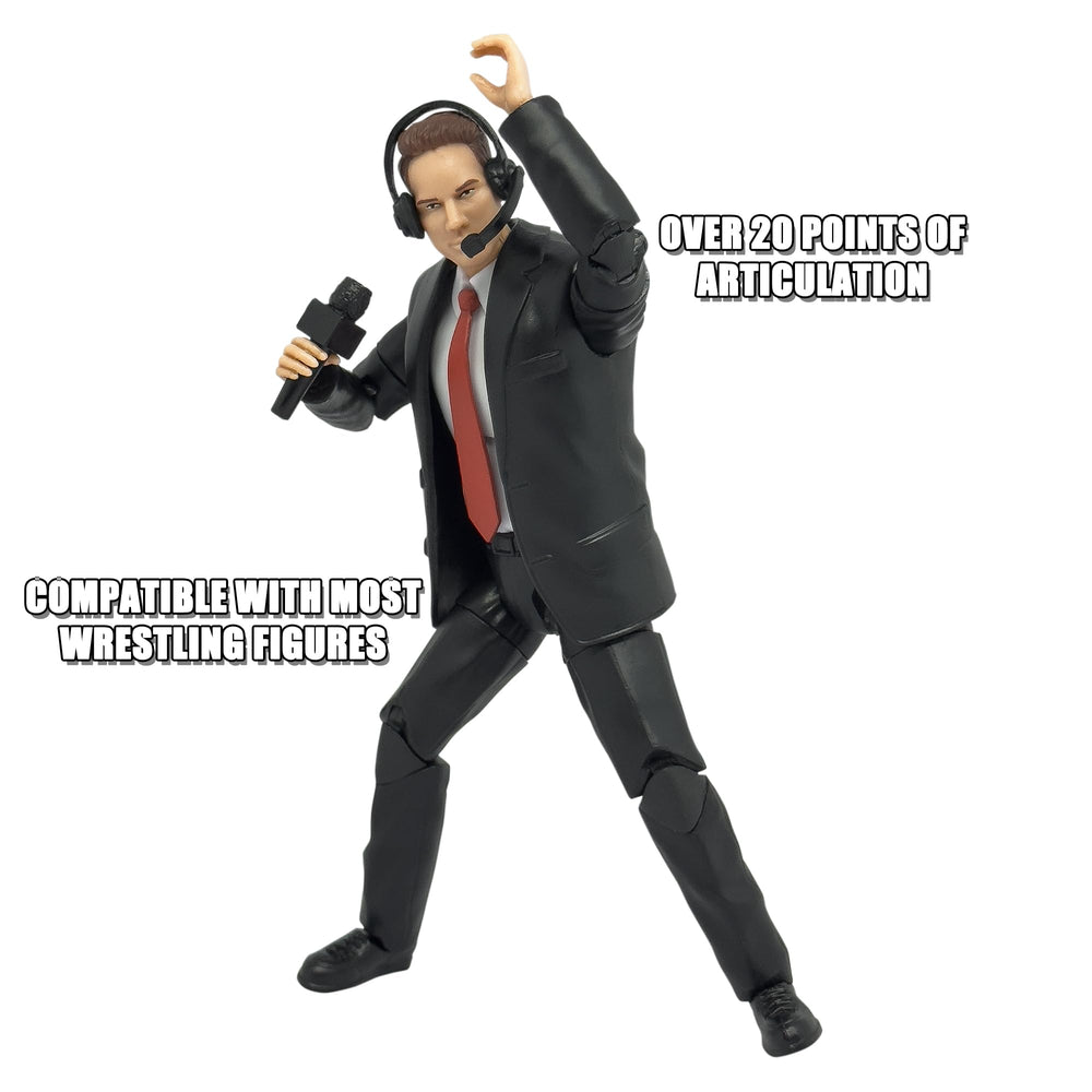 Figures Toy Company Ultimate Commentator Announcer in dynamic pose demonstrates versatile gestures.