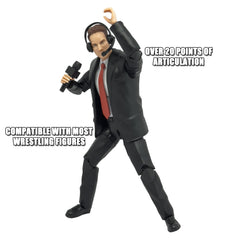 Figures Toy Company Ultimate Commentator Announcer in dynamic pose demonstrates versatile gestures.