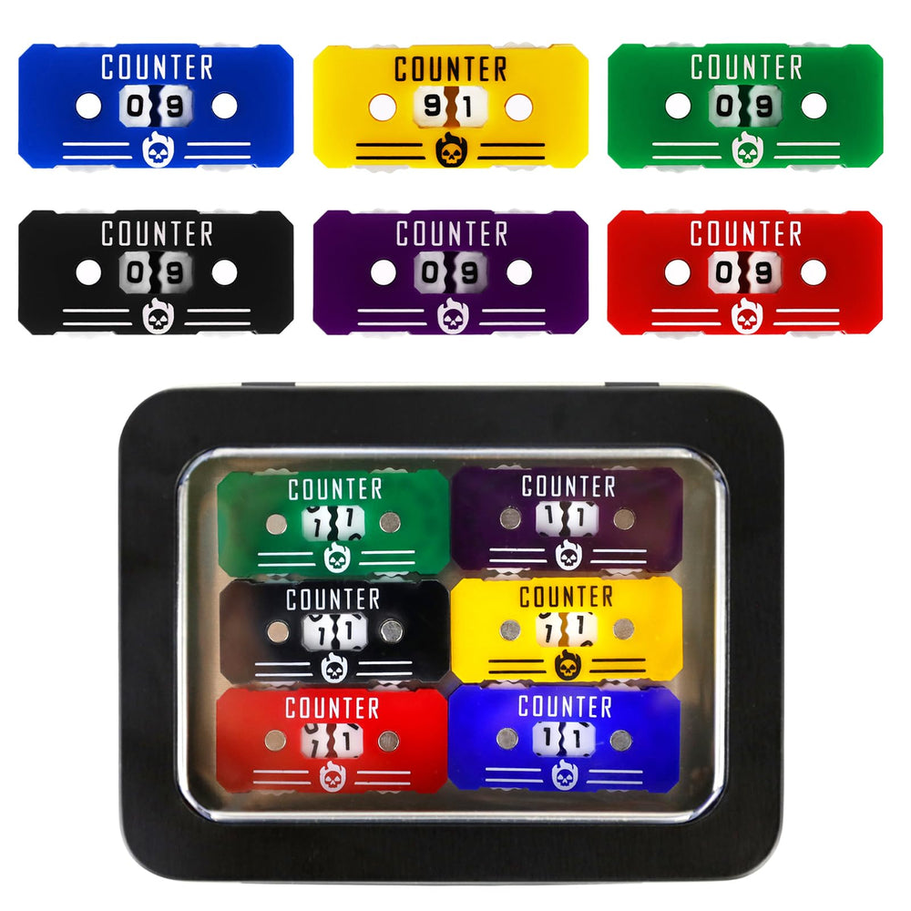 FIGURESLAB six-pack life counters in a metal box for reliable life tracking during games