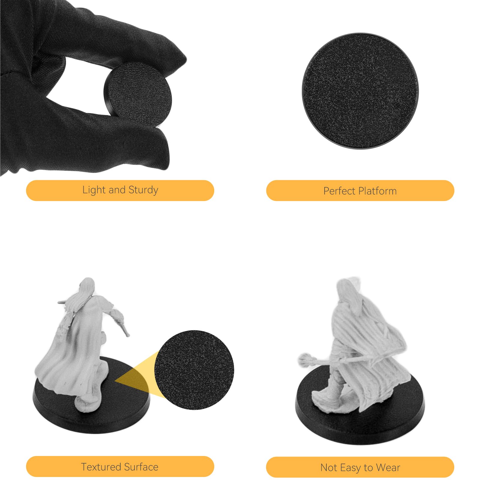 FigureSLAB durable plastic bases with smooth edges reduce wobble during display.