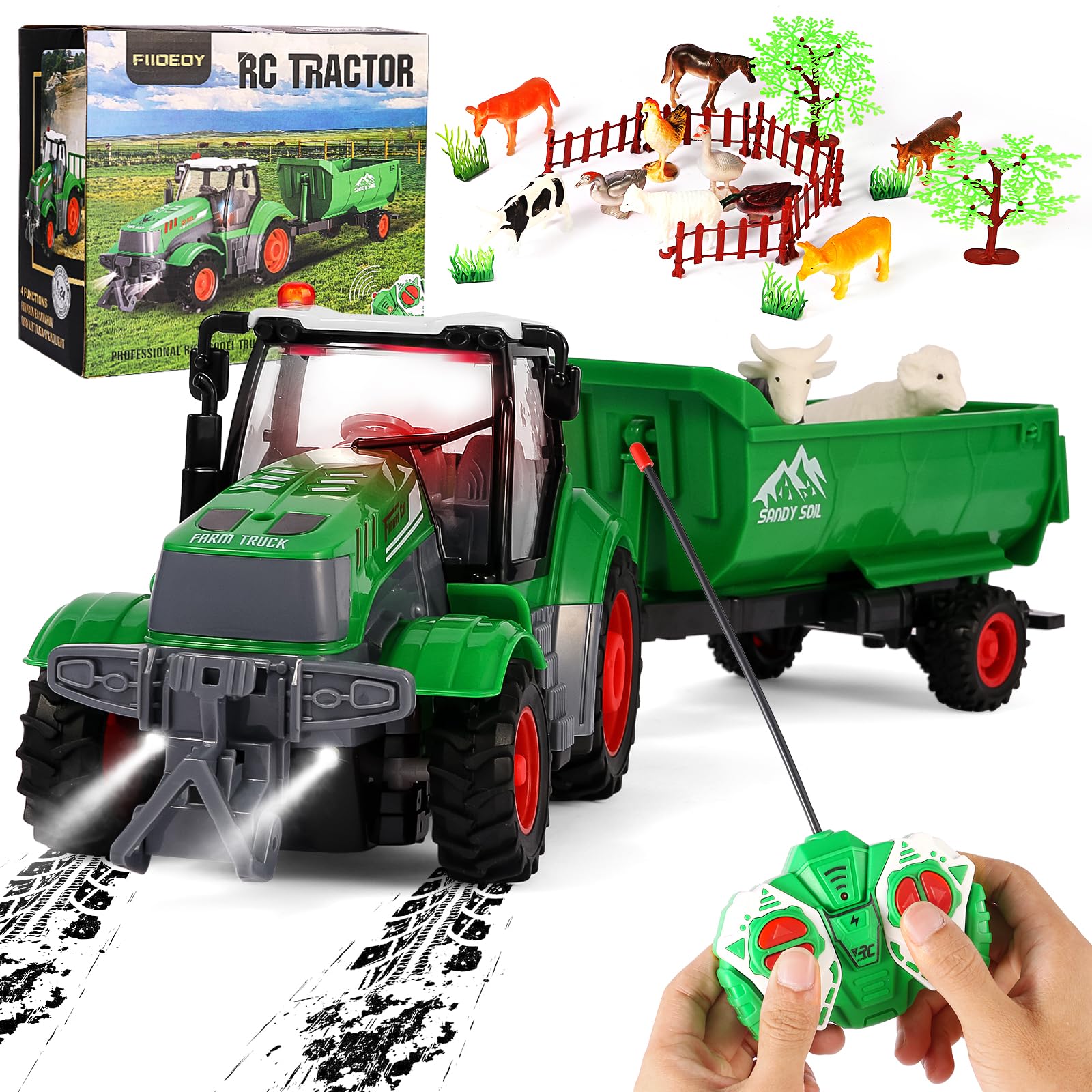 FIIOEOY remote control tractor with trailer for imaginative farming indoors or outdoors.