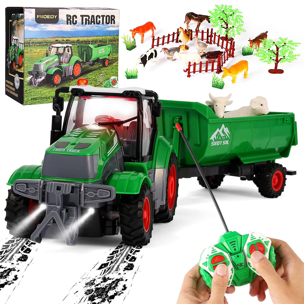 FIIOEOY remote control tractor with trailer for imaginative farming indoors or outdoors.