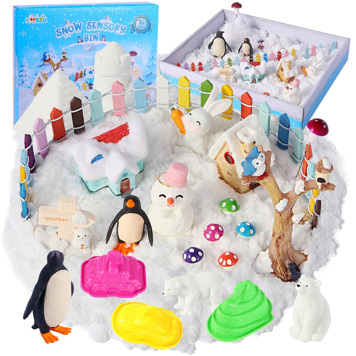 FIIOEOY Snow Sensory Bin with white sand for tactile exploration and creative shaping.