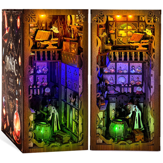 Fimeetoy Book Nook Kit with magic house LED for cozy shelf decor
