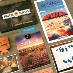 Finders Seekers Outback travel posters enhance theme with world-spanning intrigue.