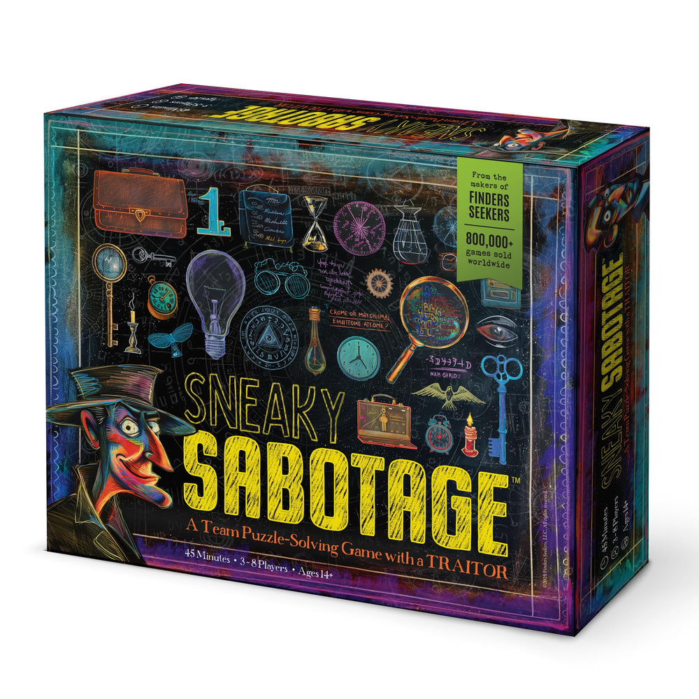Finders Seekers Sneaky Sabotage game box for immersive social deduction at home.