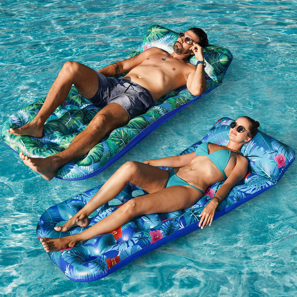 FindUWill Monstera Blue pool float with headrest for relaxed water lounging