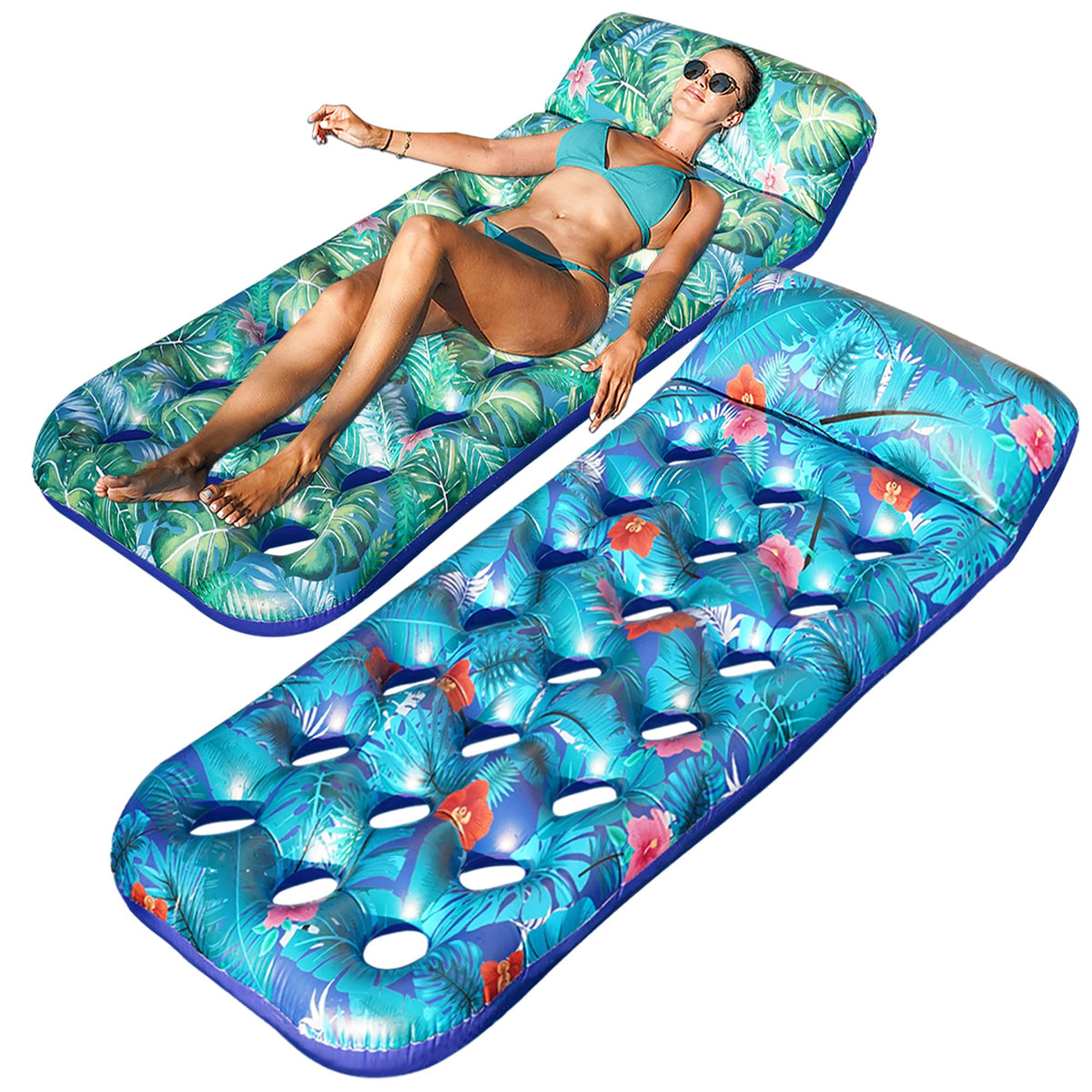 FindUWill Monstera Green pool float with headrest for comfortable lounging in sun