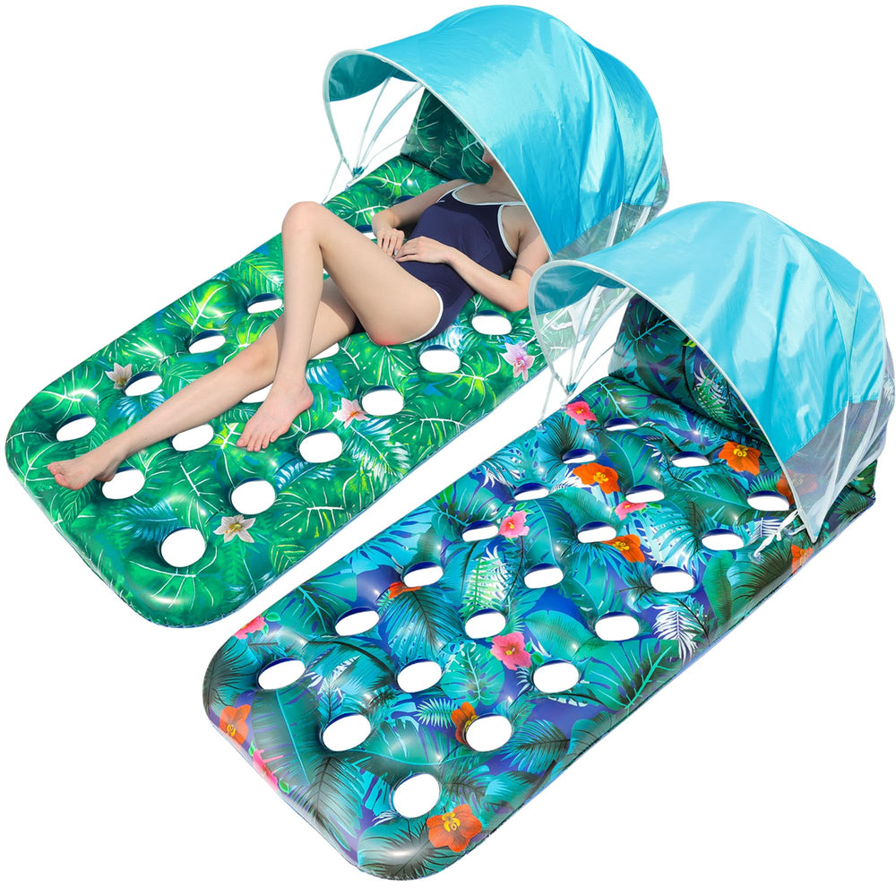 FindUWill pool floats with canopy providing shade for comfortable sunbathing on the water