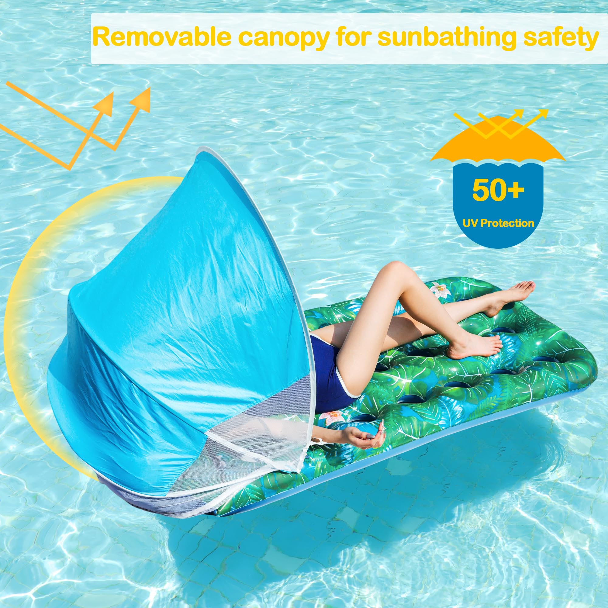 FindUWill pool float with canopy maintaining buoyancy for stable lounging