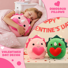 Dinosaur plush displayed on a cozy bedroom shelf.