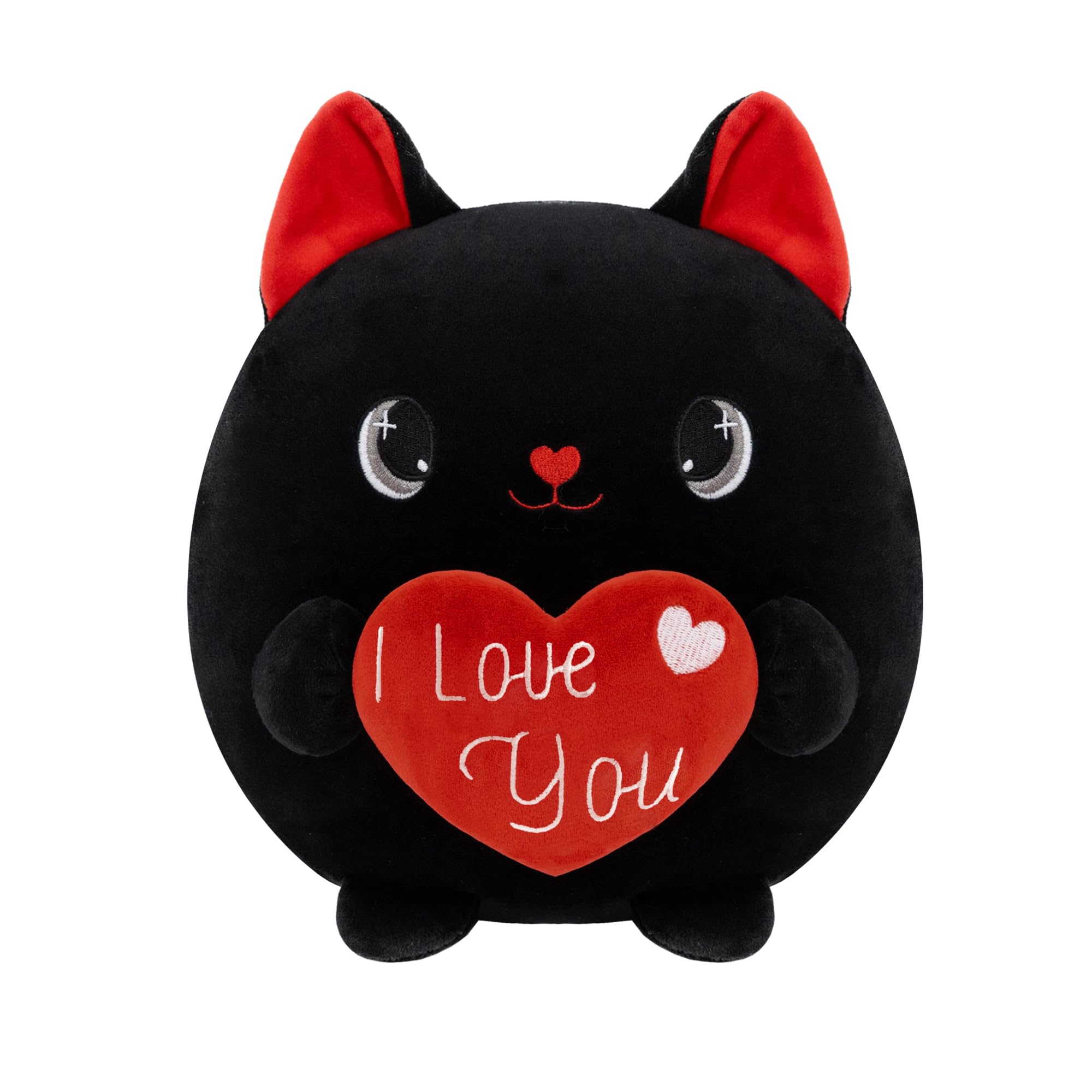 Finebee black cat plush holding heart, a warm Valentine gift option.
