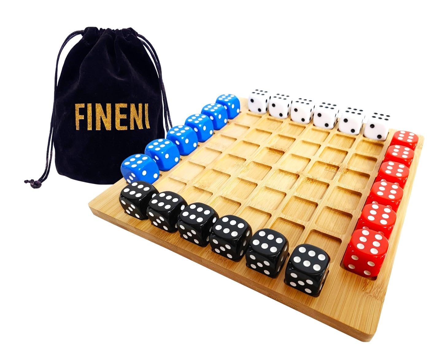 FINENI Dice Battle board setup on a wooden table, ideal for group play.