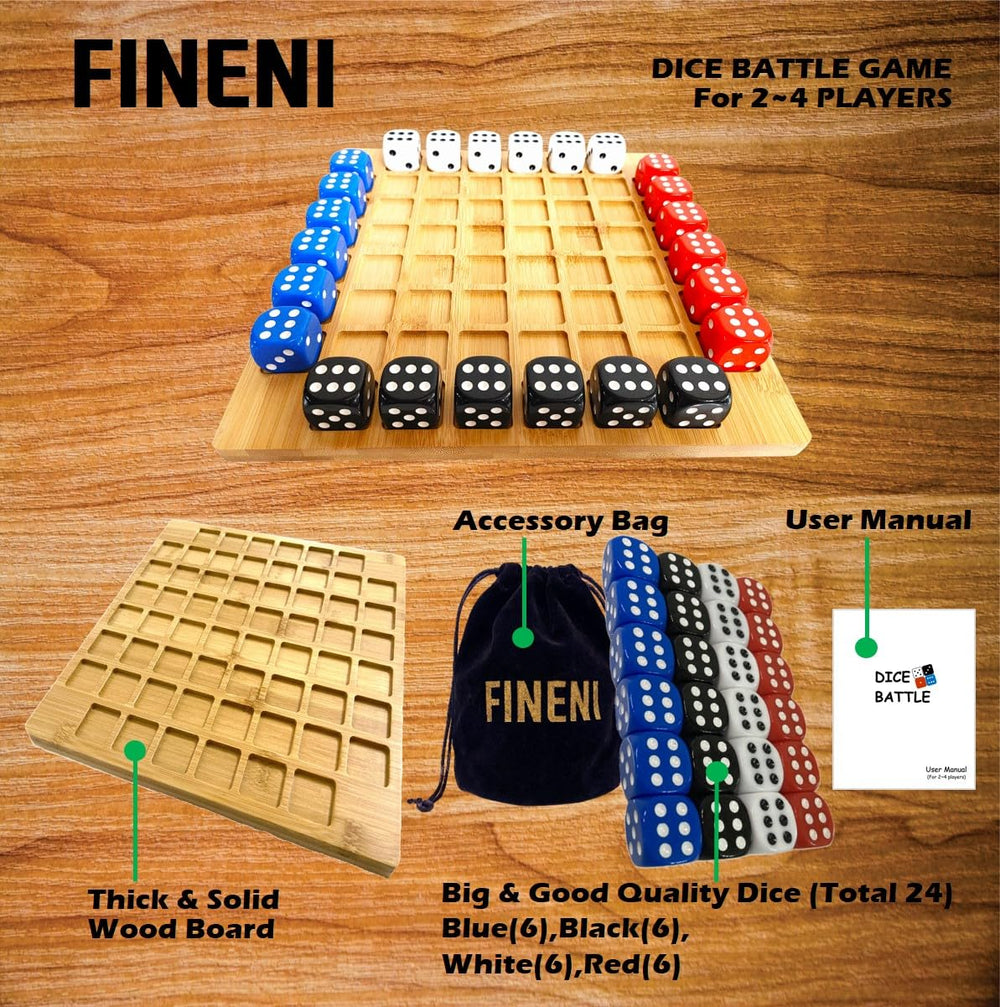 FINENI Dice Battle colorful dice close-up, vivid pieces enhance readability and strategy.