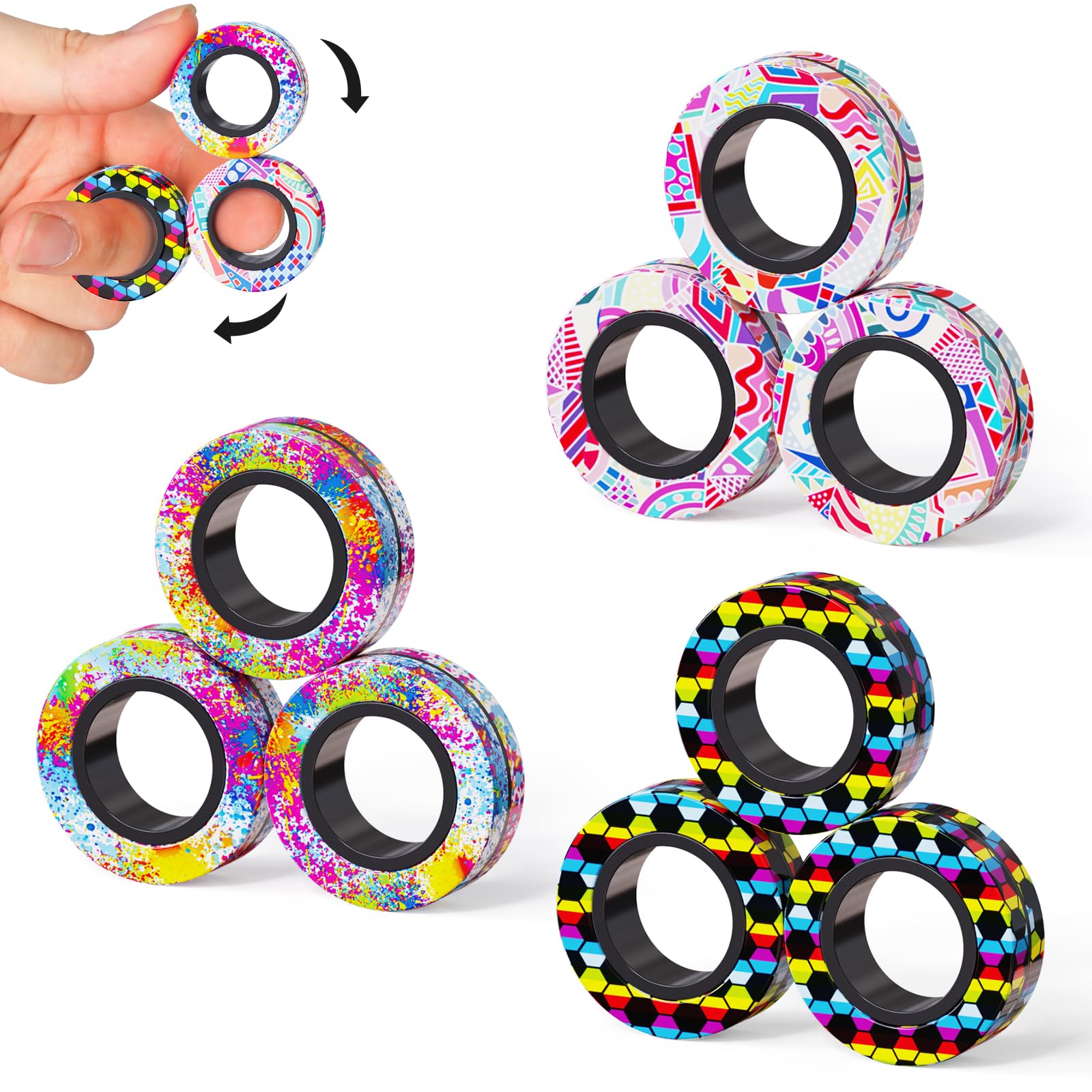 Finger Rock 9Pcs magnetic rings pack shown, vibrant colors for focus on the move.