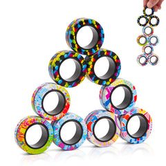 Finger Rock colorful rings in hand demonstrate portable fidget therapy during work.