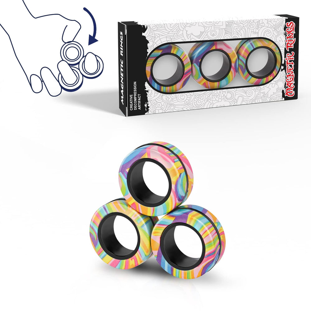 Finger Rock magnetic rings package with three colorful fidget magnets for on-the-go focus.