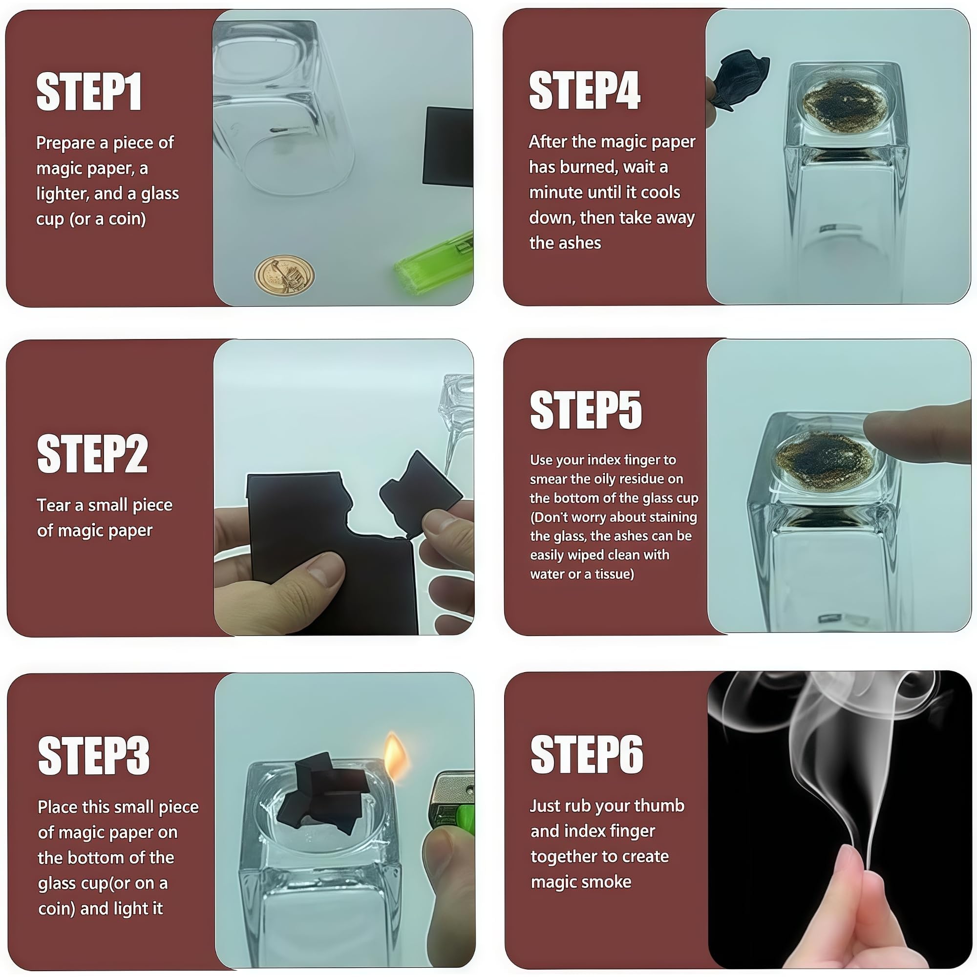 Finger Smoke Trick Set coin-ash demo illustrating ash-on-coin effect