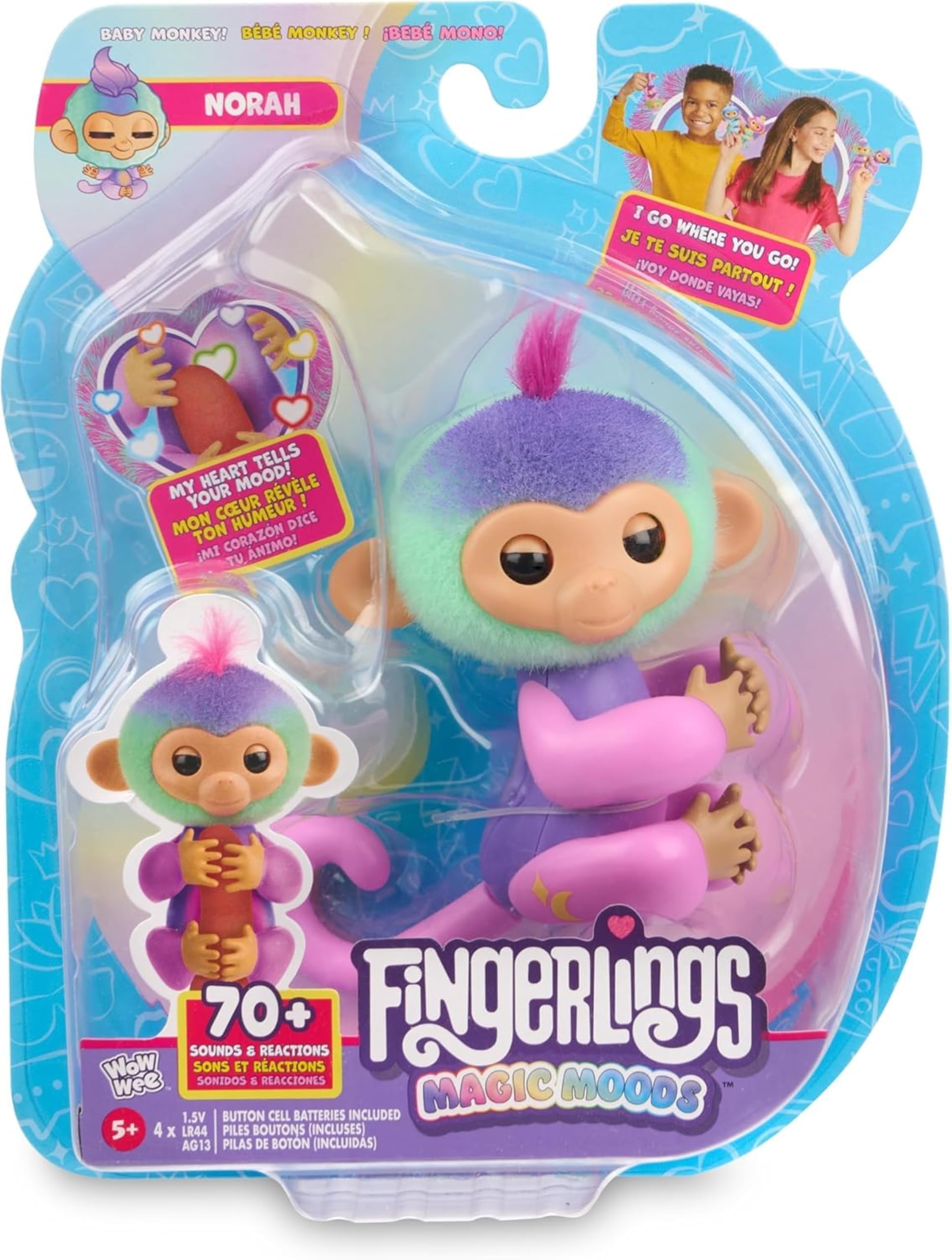 Fingerlings Norah on finger with glowing heart, mood guessing and storytelling play.