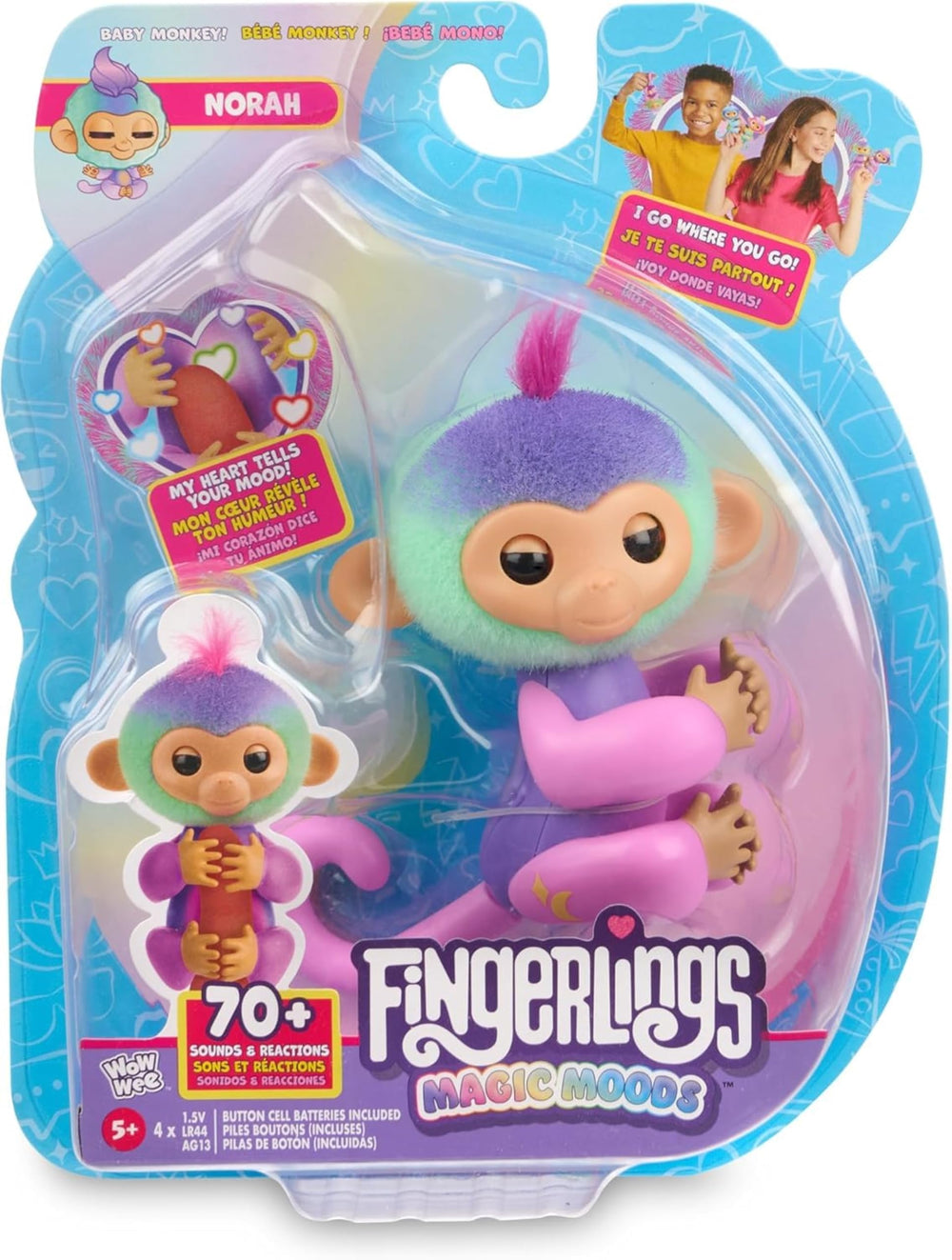 Fingerlings Norah on finger with glowing heart, mood guessing and storytelling play.