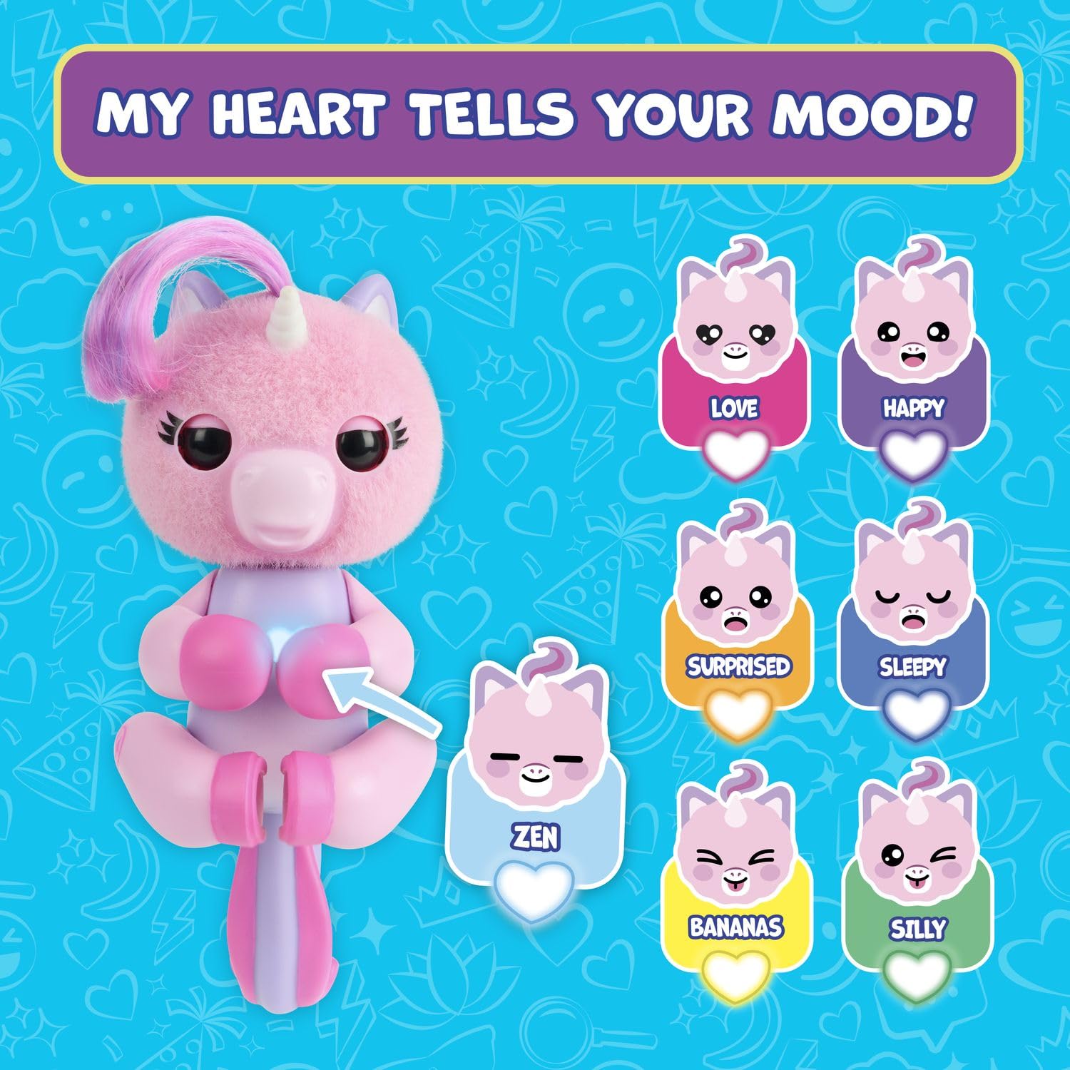 Fingerlings Mimi pink LED heart glows to hint fortune and mood.